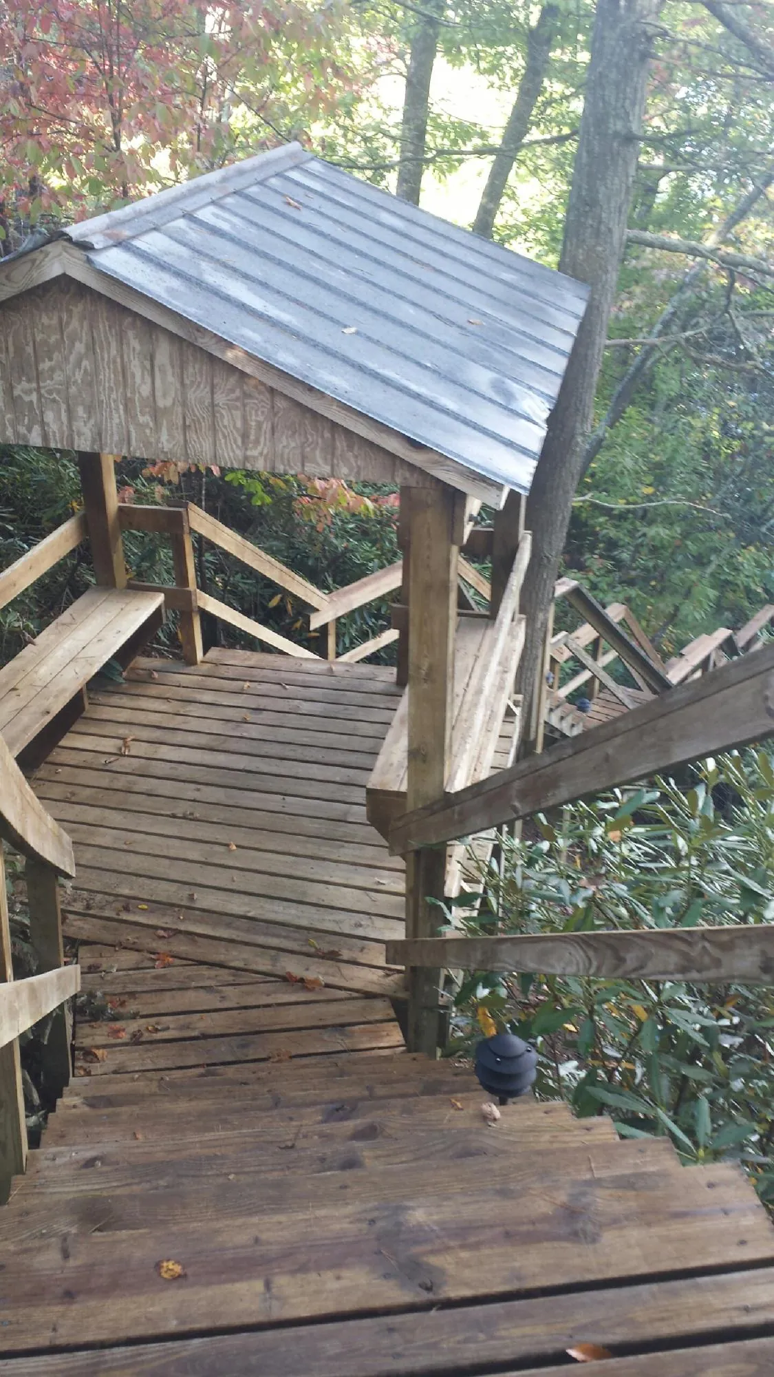 Metal roofed shelter over wooden steps on a wooded walkway — Skylight Repair & Installation work by our crew in Herscher